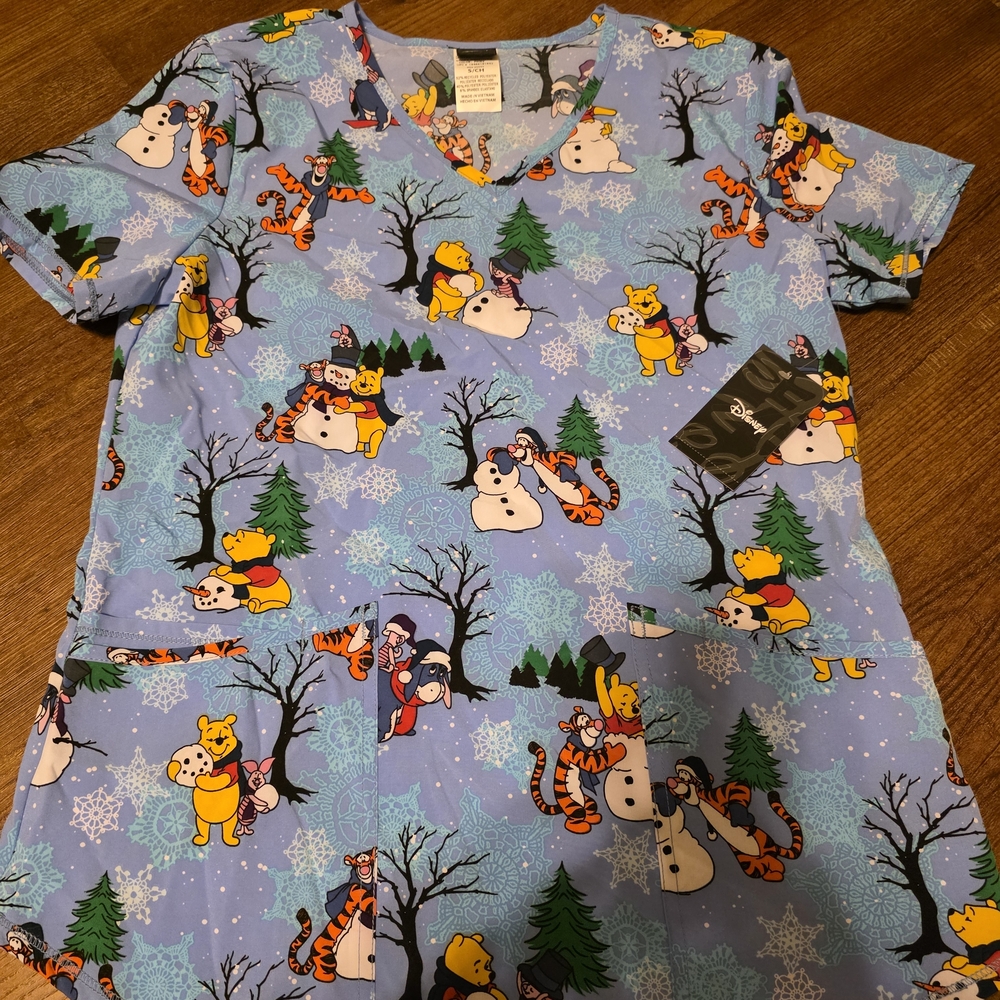 NWT Disney Blue Winnie the Pooh Winter Scrub Top